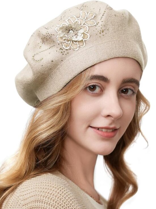 Women\'s French Style Flower Knitted Embroidery Beret Hats Beige main image 6